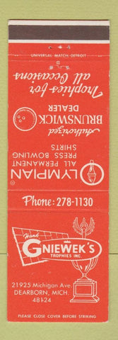 Matchbook Cover - Hank Gniewek's Trophies Dearborn MI Brunswick bowling