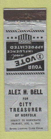 Matchbook Cover - Alex Bell City Treasurer Norfolk VA? 1941 WORN