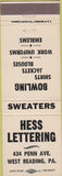 Matchbook Cover - Hess Lettering West Reading PA bowling shirts