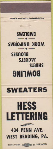 Matchbook Cover - Hess Lettering West Reading PA bowling shirts