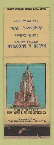 Matchbook Cover - New York Life Insurance Ralph McGowan Appleton WI WORN