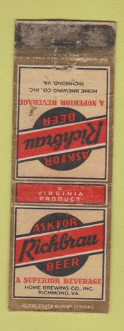 Matchbook Cover - Richbrau Beer Richmond VA POOR