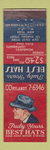 Matchbook Cover - Truly Yours Best Hats New York City WEAR