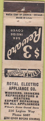 Matchbook Cover - Royal Appliance Washers Heaters Wilson NC? WORN