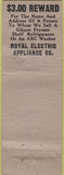Matchbook Cover - Royal Appliance Washers Heaters Wilson NC? WORN