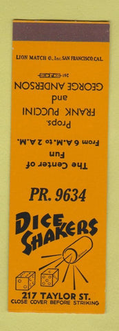 Matchbook Cover - Dice Shakers San Francisco CA Frank Puccini WEAR