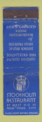 Matchbook Cover - Stockholm Restaurant New York City Swedish FEDERA LONG WORN