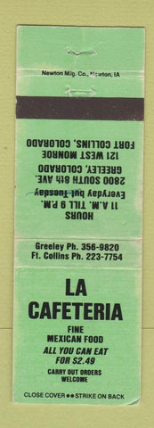 Matchbook Cover - La Cafeteria Greeley Colorado Mexican Food Fort Collins WORN