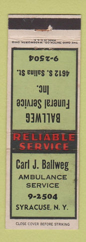 Matchbook Cover - Carl Ballweg Funeral Home Syracuse NY