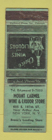 Matchbook Cover - Mount Carmel Wine Liquor Store New York City WORN