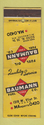 Matchbook Cover - Baumann Coal Coke Milwaukee WI WEAR