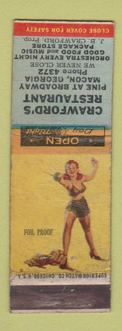 Matchbook Cover - Crawford's Restaurant Macon GA low phone # pinup girlie WORN