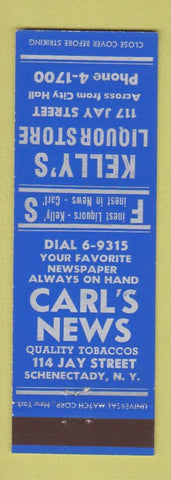 Matchbook Cover - Kelly's Liquor Store Carl's News Stand Schenectady NY