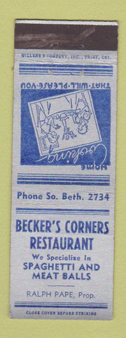 Matchbook Cover - Becker's Corners Restaurant Quakertown? PA?