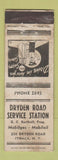 Matchbook Cover - Dryden Road Service oil gas Ithaca NY low phone # WORN