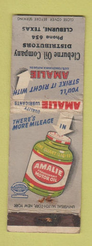 Matchbook Cover - Amalie oil gas Cleburne TX low phone # POOR
