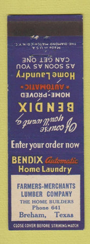 Matchbook Cover - Bendix Home Laundry Farmers Merchants Lumber Breham TX