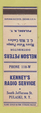 Matchbook Cover - Kenney's Radio Pulaski NY Myers Pumps GE Refrigerators
