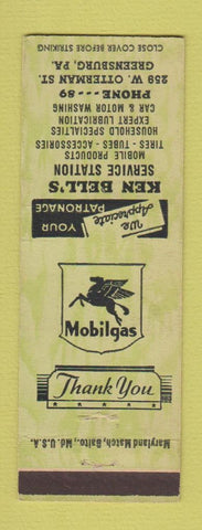 Matchbook Cover - Mobil oil gas Ken Bell's Greensburg PA