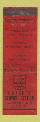 Matchbook Cover - Mobil oil gas Hatch's Cambridge NY low phone # MERCHANTS WORN