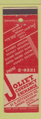 Matchbook Cover - Joliet Currency Exchange Woodruff Hotel Joliet IL
