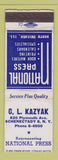 Matchbook Cover - CL Kazyak National Press Matches Schenectady NY