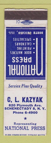 Matchbook Cover - CL Kazyak National Press Matches Schenectady NY