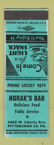 Matchbook Cover - Horak's Bar Pittsburgh PA