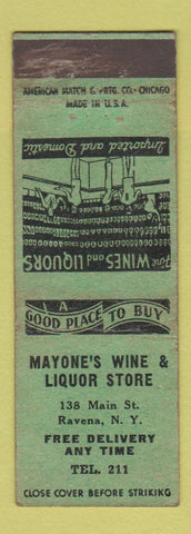 Matchbook Cover - Mayone's Wine Liquor Store Ravena NY GREEN WORN