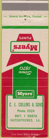 Matchbook Cover - Myers Pumps Natchitoches LA auto parts