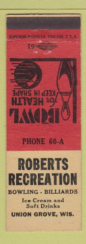 Matchbook Cover Roberts Recreation Bowling Billiards Union Grove WI low phone #