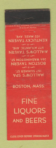 Matchbook Cover - Mallow's Boston Tavern MA Kentucky Tavern WEAR
