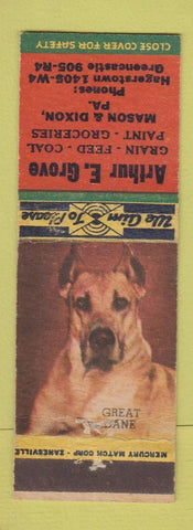 Matchbook Cover - Arthur Grove grain feed coal Mason Dixon PA Great Dane