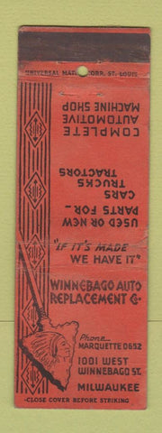 Matchbook Cover - Winnebago Auto Replacement parts Milwaukee WI Indian WORN