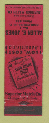 Matchbook Cover - Superior Match Allen Jones Cobleskill NY low phone #