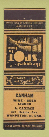 Matchbook Cover - Canham Liquor Wahpeton ND