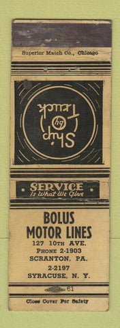 Matchbook Cover - Bolus Motor Lines Scranton PA Syracuse NY trucking WEAR