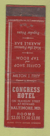 Matchbook Cover - Congress Hotel Baltimore MD WORN