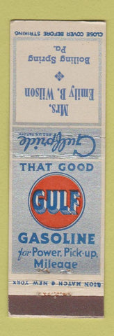 Matchbook Cover - Gulf oil gas Mrs. Emily Wilson Boiling Springs PA