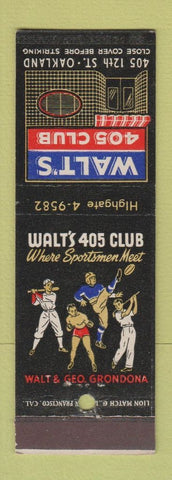 Matchbook Cover - Walt's 405 Club Oakland CA football boxing baseball