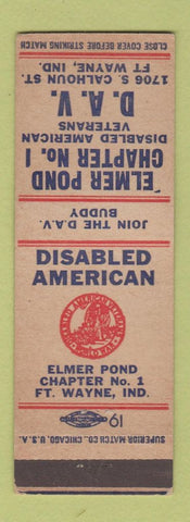Matchbook Cover - Disabled American Veterans DAV Fort Wayne IN Elmer Pond
