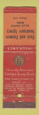 Matchbook Cover - AETNA Insurance First Farmers Blue Earth MN low phone # WORN