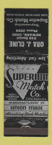 Matchbook Cover - Ora Cline Superior Match Newark OH low phone # WEAR