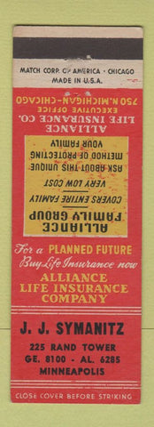 Matchbook Cover - JJ Symanitz Minneapolis MN Alliance Insurance