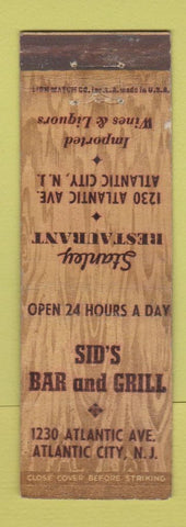 Matchbook Cover - Sid's Bar and Grill Atlantic City NJ