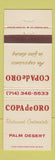 Matchbook Cover - Copa de Oro Restaurant Palm Desert CA