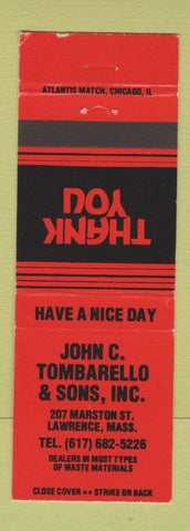 Matchbook Cover - John C Tombarello Sons Waste Materials Lawrence MA