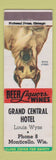 Matchbook Cover - Grand Central Hotel Monticello WI low phone # Great Dane