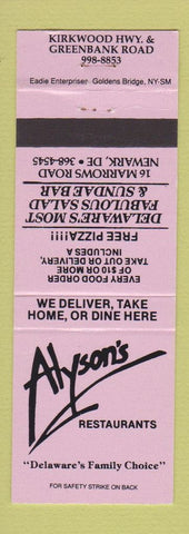 Matchbook Cover - Alyson's Restaurants Newark DE pizza