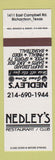 Matchbook Cover - Nedley's Restaurant Club game room billiards Richardson TX